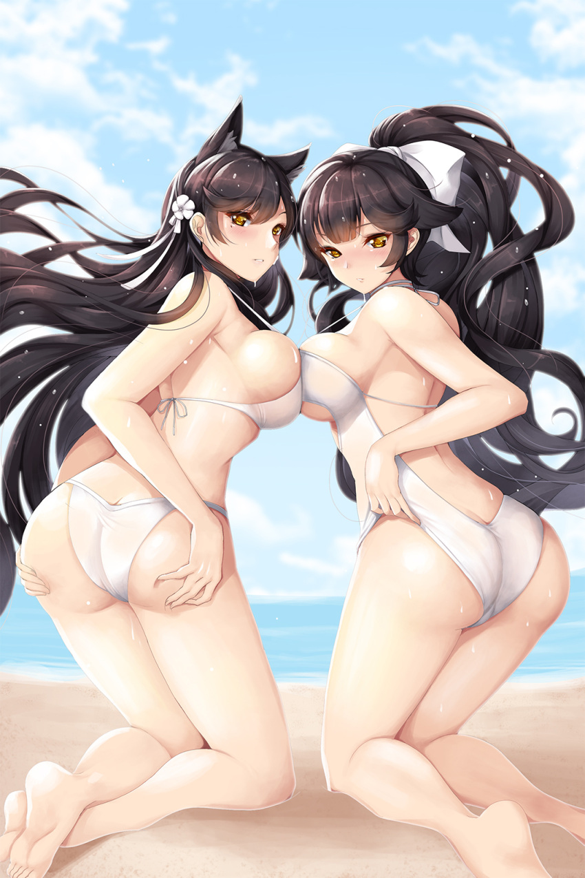 2girls animal_ears ass atago_(azur_lane) azur_lane bare_arms bare_legs bare_shoulders barefoot beach bikini blue_sky blush bow breasts brown_eyes brown_hair cat_ears clouds cloudy_sky commentary_request crossed_ankles day flower hair_bow hair_flower hair_ornament hands_on_own_ass high_ponytail highres kneeling koflif large_breasts long_hair looking_at_viewer looking_back mole mole_under_eye multiple_girls nose_blush outdoors ponytail sand sky soles swimsuit takao_(azur_lane) very_long_hair wet wet_hair white_bikini white_bow white_flower white_swimsuit