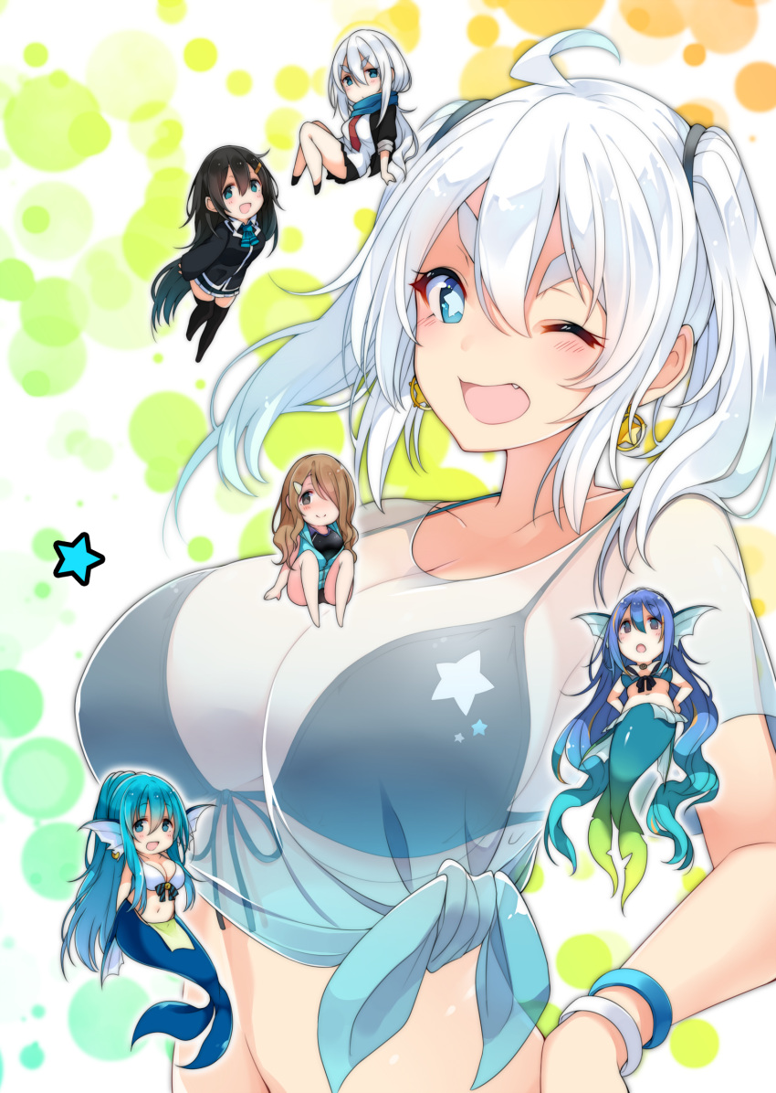 6+girls :d ;d ahoge bangs black_bra black_jacket black_legwear blue_eyes blue_scarf blush bra breasts brown_hair chibi commentary_request earrings fang grey_hair hair_tie head_fins highres huge_breasts jacket jewelry long_sleeves looking_at_viewer matsunoki_(unknown_751) mermaid monster_girl multiple_girls navel necktie one_eye_closed open_mouth original red_neckwear scarf see-through shirt short_hair short_sleeves smile star star-shaped_pupils symbol-shaped_pupils thick_eyebrows thigh-highs tied_shirt twintails underwear upper_body v-shaped_eyebrows wristband