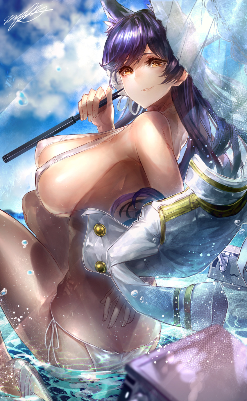 1girl animal_ears ass atago_(azur_lane) azur_lane bangs bare_shoulders bikini black_hair blue_sky blurry_foreground blush breasts brown_eyes clouds commentary_request day erect_nipples extra_ears eyebrows_visible_through_hair hair_ribbon high_heels highres holding holding_umbrella jacket jacket_removed large_breasts long_hair looking_at_viewer mole mole_under_eye outdoors parted_lips partially_submerged ribbon see-through side-tie_bikini sidelocks signature signo_aaa sitting sky smile solo swept_bangs swimsuit thighs twisted_torso umbrella uniform white_bikini white_ribbon