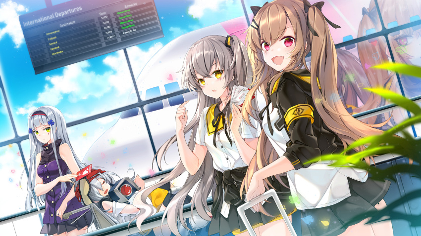 404_(girls_frontline) 4girls :d aircraft airplane airport armband bangs black_bow black_hairband black_jacket black_skirt blue_sky blurry blurry_foreground blush bow breasts brown_eyes brown_hair closed_eyes clouds cloudy_sky commentary_request day depth_of_field dinergate_(girls_frontline) dress dress_shirt dutch_angle english eyebrows_visible_through_hair facial_mark g11_(girls_frontline) girls_frontline green_eyes hair_between_eyes hair_bow hair_ornament hair_over_one_eye hairband hairclip heart highres hk416_(girls_frontline) holding indoors jacket juna long_hair long_sleeves looking_at_viewer looking_to_the_side medium_breasts miniskirt multiple_girls one_side_up open_clothes open_jacket open_mouth pleated_skirt purple_dress scar scar_across_eye shirt short_sleeves sidelocks silver_hair skirt sky sleeping sleeves_pushed_up smile twintails ump45_(girls_frontline) ump9_(girls_frontline) very_long_hair violet_eyes white_shirt