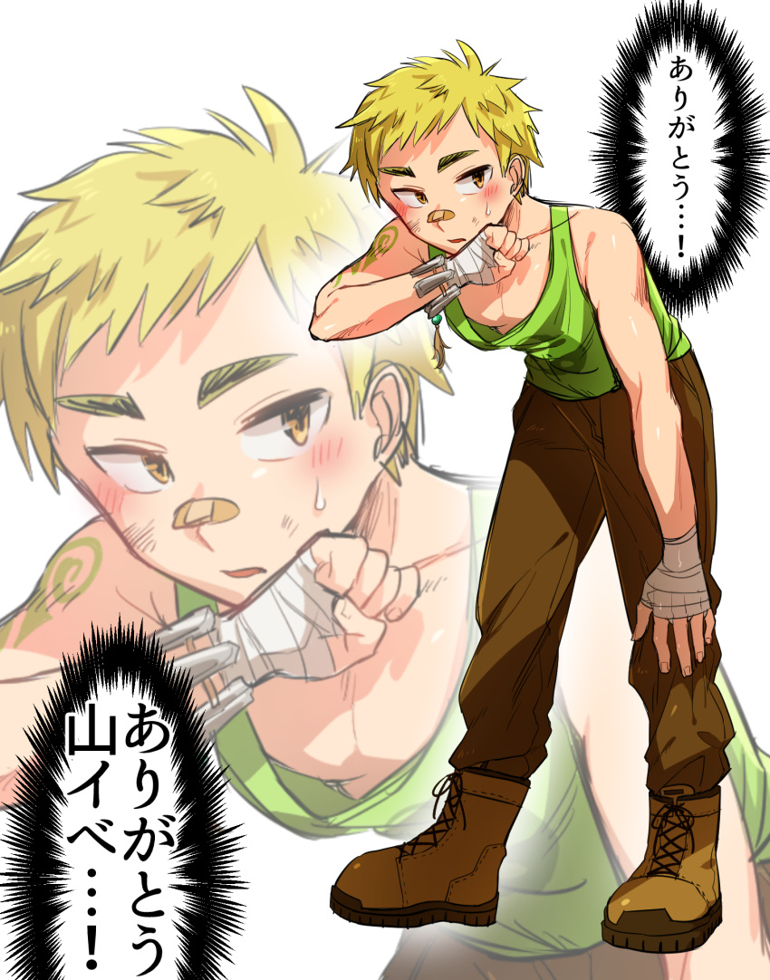 1boy bandaid bandaid_on_nose bent_over blonde_hair boots brown_pants downblouse green_shirt hand_wraps highres looking_at_viewer male_focus ooki_ikutoshi pants shirt sketch solo sweat tank_top tattoo thought_bubble tokyo_houkago_summoners yellow_eyes zoom_layer