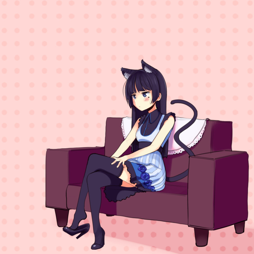 1girl animal_ears black_hair black_legwear blue_eyes boa_(brianoa) cat_ears cat_tail dress gokou_ruri high_heels highres hime_cut long_hair mole mole_under_eye ore_no_imouto_ga_konna_ni_kawaii_wake_ga_nai shoe_dangle sitting solo tail thigh-highs zettai_ryouiki