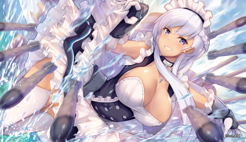 1girl apron artist_name azur_lane bangs belfast_(azur_lane) blue_eyes blue_sky blurry_foreground blush braid breasts cannon chains cleavage collar collarbone corset day dress dress_lift eyebrows_visible_through_hair french_braid frilled_gloves frills garter_straps gloves large_breasts lifted_by_self long_hair looking_at_viewer machinery maid maid_headdress ocean outdoors parted_lips rigging satou_daiji sidelocks silver_hair skindentation sky smile solo splashing thigh-highs thighs torpedo turrets white_gloves white_legwear