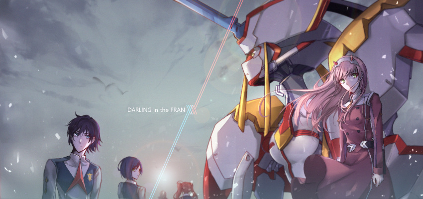 1boy 4girls bangs black_hair blue_eyes blue_hair breasts commentary_request couple darling_in_the_franxx eyebrows_visible_through_hair floating_hair green_eyes hair_ornament hairband hetero highres hiro_(darling_in_the_franxx) horns ichigo_(darling_in_the_franxx) kokoro_(darling_in_the_franxx) long_hair long_sleeves looking_at_another looking_at_viewer mecha medium_breasts meiya_(dia_douya) miku_(darling_in_the_franxx) military military_uniform multiple_girls necktie oni_horns orange_neckwear pink_hair red_horns red_neckwear redhead short_hair strelizia twintails uniform white_hairband zero_two_(darling_in_the_franxx)