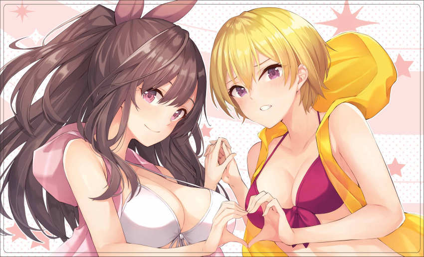 2girls anza_tomo bare_shoulders blonde_hair blush bow breasts brown_hair cleavage collarbone hair_between_eyes hair_bow hand_holding heart heart_hands highres hooded_vest idolmaster idolmaster_shiny_colors interlocked_fingers large_breasts long_hair looking_at_viewer medium_breasts multiple_girls pink_bikini_top pink_eyes pink_vest ponytail saijou_juri short_hair smile tsukioka_kogane vest violet_eyes white_bikini_top yellow_vest