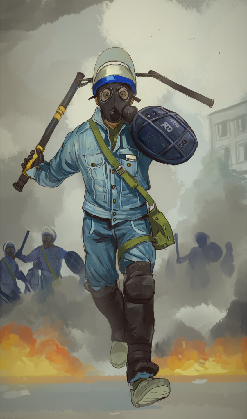 1boy absurdres baton_(weapon) black_eyes blue_jacket blue_pants fire gas_mask green_shirt hat helmet highres holding holding_shield jacket knee_pads korean_text looking_at_viewer male_focus mask mossacannibalis original outdoors pants people police running shield shirt shoes smoke solo_focus uniform weapon wide-eyed