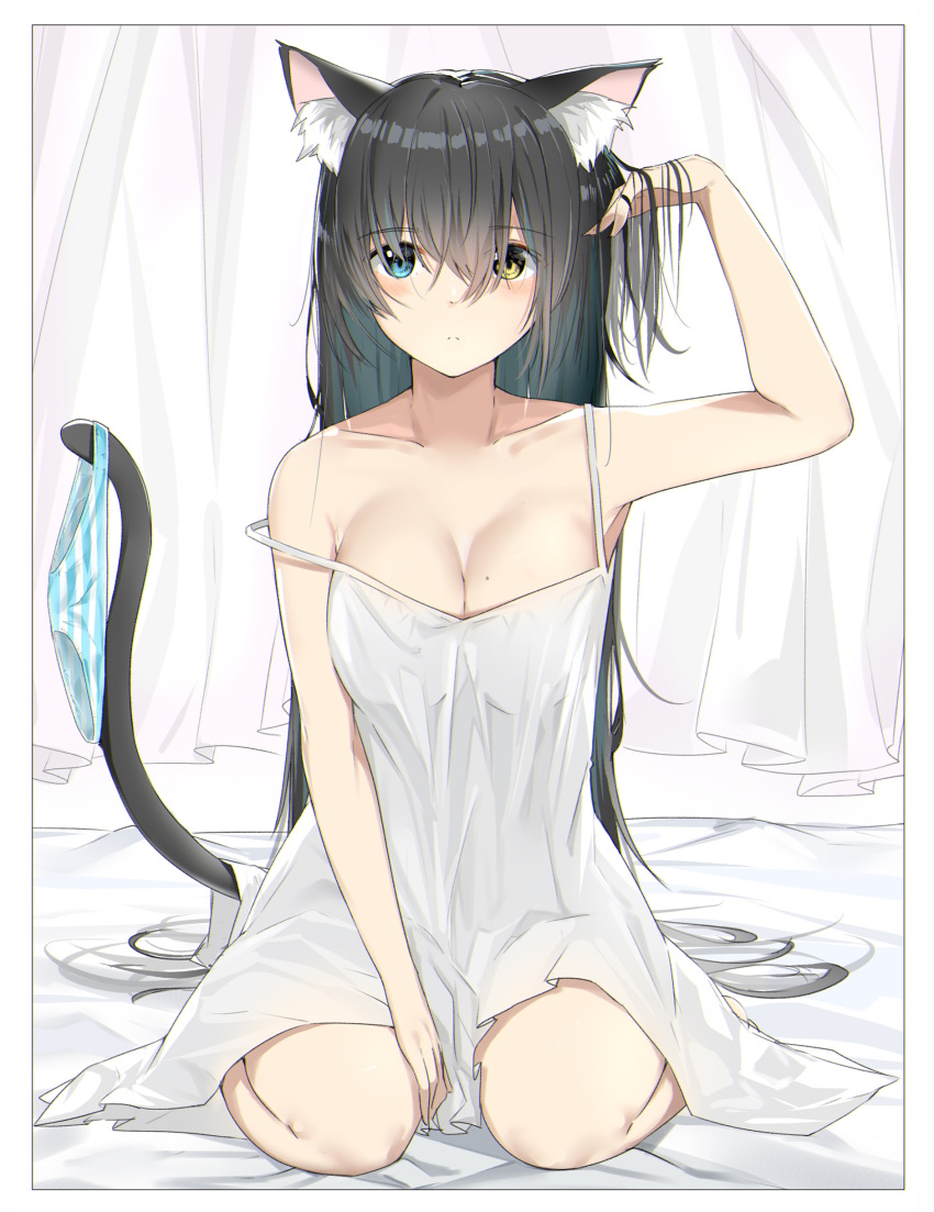 1girl absurdres animal_ears arm_up bangs bare_arms bare_shoulders bed_sheet between_legs black_hair blue_eyes blush breasts cat_ears cat_girl cat_tail cleavage closed_mouth collarbone commentary_request curtains dress eyebrows_visible_through_hair fingernails hair_between_eyes hand_between_legs hand_in_hair heterochromia highres long_hair looking_at_viewer medium_breasts mole mole_on_breast original panties panties_around_tail panties_removed sitting sleeveless sleeveless_dress solo strap_slip striped striped_panties suzuharu_toufu tail underwear wariza white_dress yellow_eyes