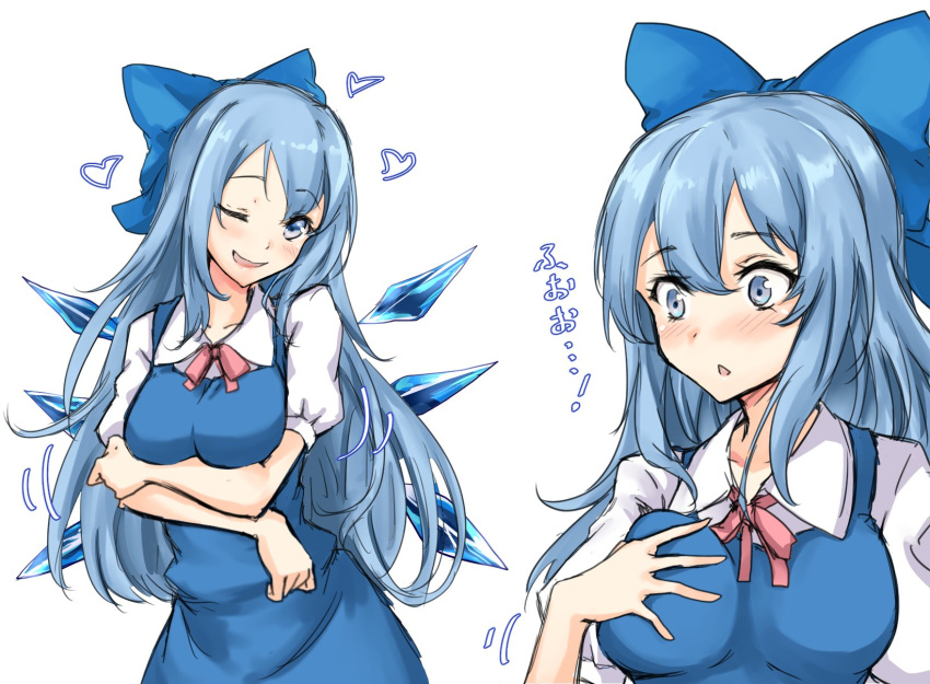 1girl ;d alternate_breast_size alternate_hair_length alternate_hairstyle amagi_(amagi626) blue_bow blue_dress blue_eyes blue_hair blush bow breast_hold breasts cirno collarbone commentary_request dress eyebrows_visible_through_hair hair_between_eyes hair_bow hand_on_own_breast head_tilt heart highres ice ice_wings large_breasts long_hair looking_at_viewer multiple_views neck_ribbon older one_eye_closed open_mouth puffy_short_sleeves puffy_sleeves red_neckwear red_ribbon ribbon shirt short_sleeves simple_background smile standing touhou upper_body white_background white_shirt wings