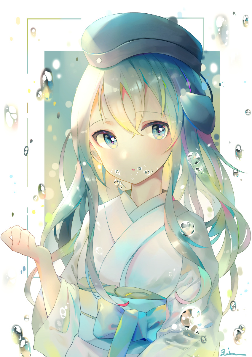 1girl absurdres bangs bubble eyebrows_visible_through_hair garrison_cap hair_between_eyes hand_up hat highres japanese_clothes kantai_collection kimono long_hair looking_at_viewer mao_ge open_mouth ribbon solo u-511_(kantai_collection) water water_drop white_hair