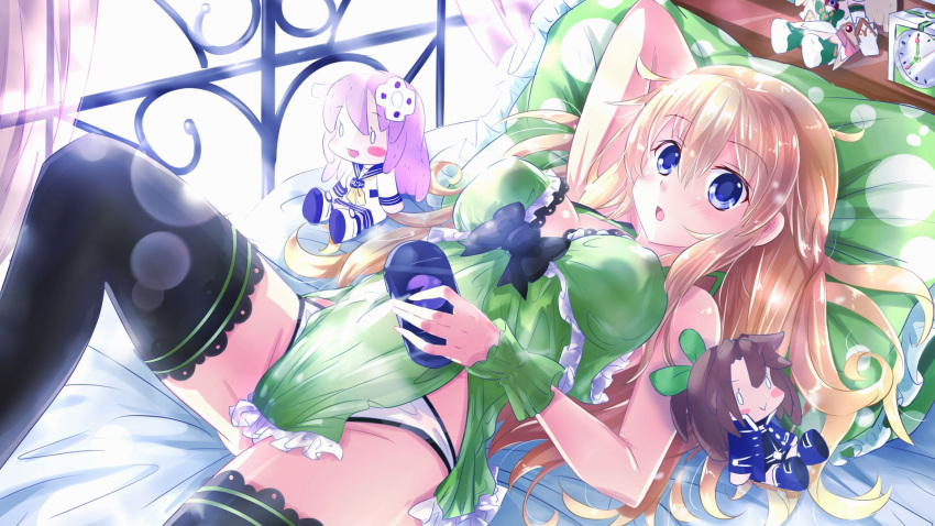 1girl bed black_legwear blonde_hair blue_eyes blush breasts character_doll cleavage eyebrows_visible_through_hair handheld_game_console highres if_(choujigen_game_neptune) kazuneko_(wktk1024) large_breasts lingerie long_hair looking_at_viewer lying negligee nepgear neptune_(series) on_back panties smile solo thigh-highs underwear vert very_long_hair white_panties