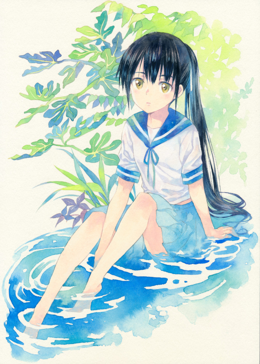 1girl agahari bangs barefoot black_hair blue_neckwear blue_ribbon blue_sailor_collar blue_skirt calligraphy_brush_(medium) closed_mouth colored_pencil_(medium) commentary_request highres leaf long_hair looking_at_viewer neck_ribbon original pleated_skirt ponytail ribbon sailor_collar shirt short_sleeves sitting skirt soaking_feet solo traditional_media very_long_hair water white_shirt yellow_eyes