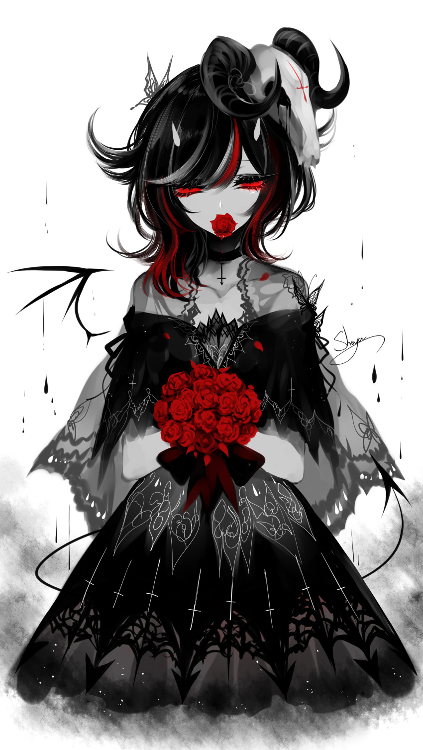 1girl absurdres alternate_costume artist_name bare_shoulders black_choker black_dress black_hair bouquet bow bug butterfly choker collarbone covered_mouth cross_choker demon_wings detached_wings dress eyebrows_visible_through_hair flower highres holding holding_bouquet holding_flower insect kijin_seija limited_palette looking_at_viewer multicolored_hair off-shoulder_dress off_shoulder petals red_bow red_eyes red_flower red_rose redhead rose see-through sheya signature single_wing skull solo spot_color streaked_hair touhou white_background white_hair wings