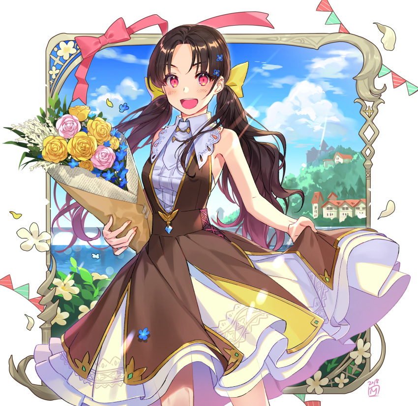 1girl 2018 :d absurdres bangs bare_arms bare_shoulders blue_flower blue_sky blush bouquet bow breasts bridge brown_dress brown_hair building clouds cloudy_sky commentary_request day dress eyebrows_visible_through_hair fingernails flower hair_bow hair_flower hair_ornament highres holding holding_bouquet horizon long_hair looking_at_viewer low_twintails mansu ocean open_mouth original parted_bangs pennant pink_eyes pink_flower pink_rose pleated_dress red_bow rose round_teeth signature skirt_hold sky sleeveless sleeveless_dress small_breasts smile solo string_of_flags teeth twintails upper_teeth v-shaped_eyebrows very_long_hair water white_flower yellow_bow yellow_flower yellow_rose
