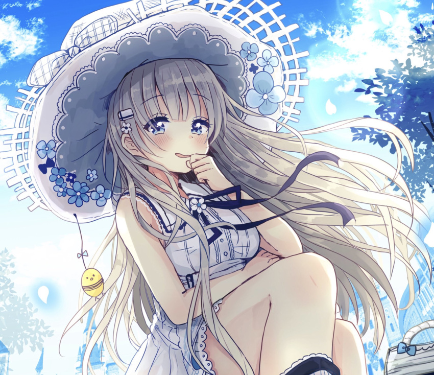 1girl bangs bare_arms bare_shoulders blue_eyes blue_flower blush breasts building commentary_request dress dutch_angle eyebrows_visible_through_hair flower grey_hair hair_flower hair_ornament hairclip hand_to_own_mouth hand_up hat hat_flower hat_ribbon highres long_hair medium_breasts original parted_lips ribbon sakura_oriko sleeveless sleeveless_dress smile solo very_long_hair white_dress white_flower white_hat white_ribbon