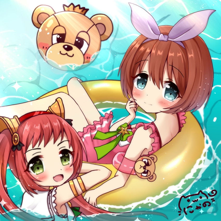 2girls :d afloat bangs bare_shoulders blue_eyes blush brown_hair character_request closed_mouth commentary_request crown eyebrows_visible_through_hair fang green_eyes hair_between_eyes hair_ornament hair_ribbon hairband hand_up heart heart_in_eye highres innertube kuribayashi_kurumi long_hair looking_at_viewer looking_to_the_side mini_crown multiple_girls nyano21 open_mouth partially_submerged pink_swimsuit princess_connect! princess_connect!_re:dive purple_ribbon red_eyes red_hairband ribbon short_hair signature smile star swimsuit symbol_in_eye twintails very_long_hair water yellow_innertube