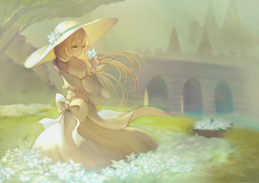 1girl bow closed_mouth dress flower green_eyes hat holding holding_flower long_dress long_hair original solo sun_hat teko white_dress wind