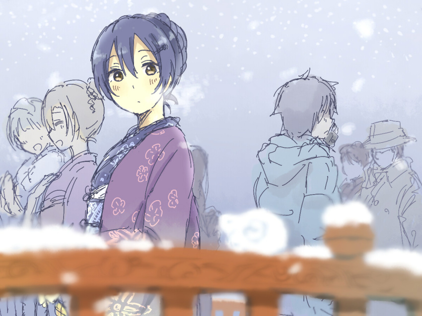 bangs blue_hair commentary_request floral_print hair_between_eyes hair_bun japanese_clothes joint06 kimono long_hair looking_at_viewer love_live! love_live!_school_idol_project snow solo_focus sonoda_umi yellow_eyes