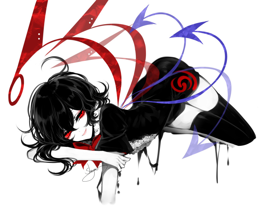 1girl artist_name ass asymmetrical_wings black_dress black_hair black_legwear blue_wings bow bowtie center_frills dress hair_between_eyes highres houjuu_nue limited_palette looking_at_viewer lying on_stomach open_mouth red_bow red_eyes red_neckwear red_wings sheya short_dress short_hair short_sleeves signature simple_background smile solo spot_color thigh-highs touhou white_background wings zettai_ryouiki