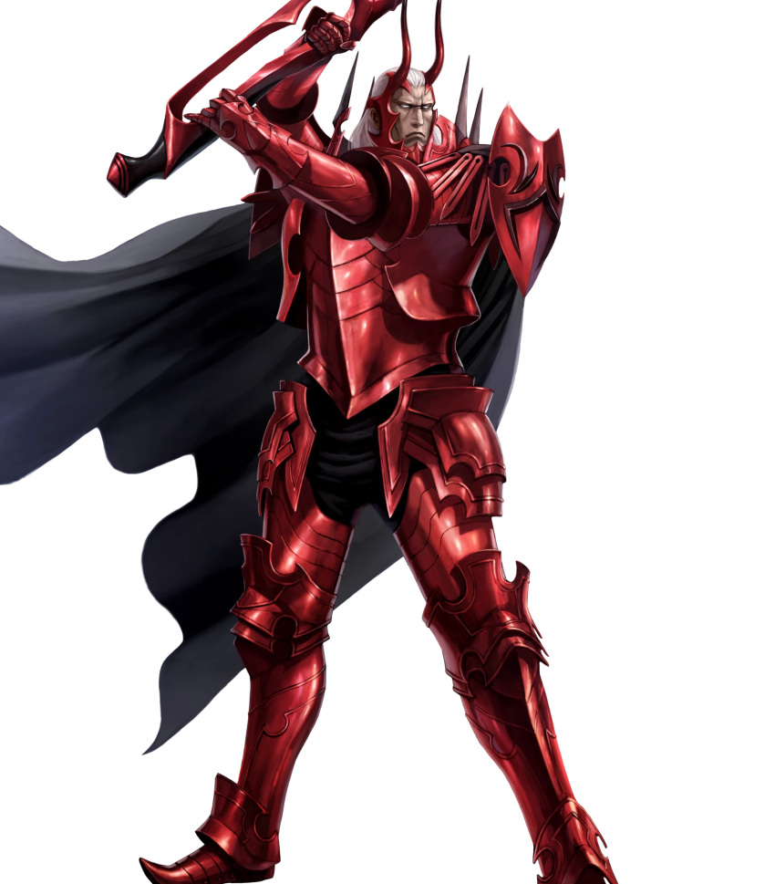 1boy armor axe battle_axe black_cape black_pants cape fire_emblem fire_emblem:_kakusei fire_emblem_heroes full_armor gauntlets greaves grey_hair helmet highres holding holding_axe holding_weapon horned_helmet ippei_soeda lips long_hair looking_at_viewer male_focus no_pupils nose official_art pants red_armor scowl serious shoulder_pads solo valhalt weapon white_eyes