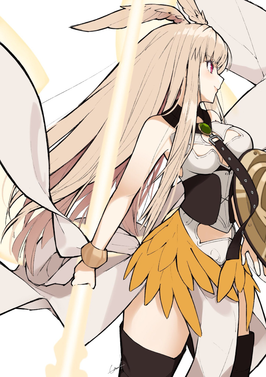 1girl armor bangs bare_shoulders blonde_hair blunt_bangs boots bracelet breasts brown_legwear cowboy_shot fate/grand_order fate_(series) head_wings highres holding_lance holding_shield jewelry long_hair looking_to_the_side medium_breasts red_eyes shield simple_background smile standing thigh-highs thigh_boots thrud_(fate/grand_order) utayoi_(umakatare) white_background
