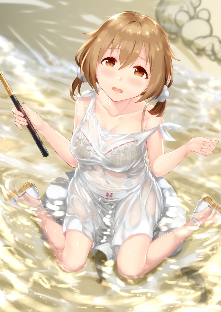 1girl alternative_girls bangs bare_arms bare_shoulders beach blush bow bow_panties bra breasts brown_eyes brown_hair collarbone day dress fingernails fish hair_between_eyes hair_ornament hands_up highres holding holding_wand lace lace_bra looking_at_viewer medium_breasts momoi_hina off_shoulder open_mouth outdoors panties partially_submerged red_bow red_ribbon ribbon ribbon-trimmed_bra ribbon-trimmed_panties sandals satoshiki see-through shiny shiny_skin short_hair short_twintails sitting sleeveless sleeveless_dress solo twintails underwear wand wariza water waves white_bra white_dress white_panties