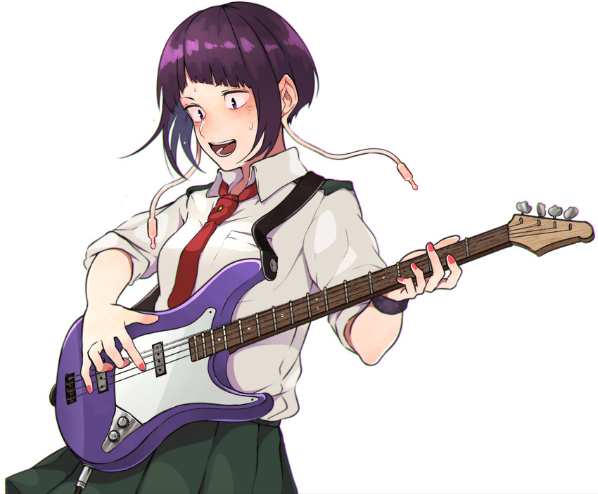 1girl bass_guitar blush boku_no_hero_academia epaulettes green_skirt highres instrument jirou_kyouka kobaji necktie pleated_skirt purple_hair school_uniform short_hair skirt