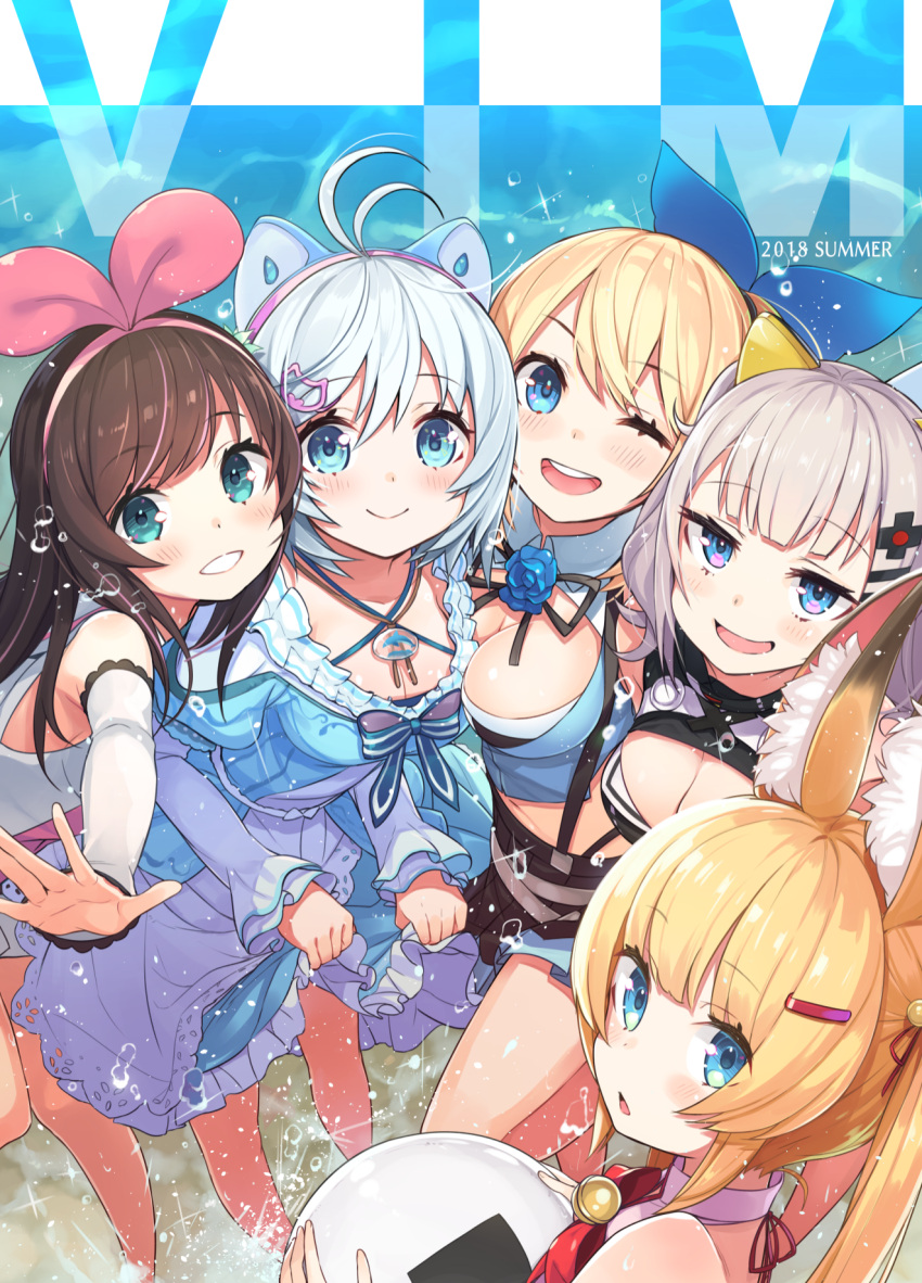 2018 5girls :d ;d a.i._channel animal_ears bare_shoulders bell black_dress black_skirt blonde_hair blue_dress blue_eyes blush bow breasts brown_hair cleavage cleavage_cutout closed_mouth commentary_request crossover dennou_shoujo_youtuber_shiro detached_sleeves dress fox_ears hair_ornament hairclip highres holding jingle_bell kaguya_luna kaguya_luna_(character) kemomimi_oukoku_kokuei_housou kizuna_ai large_breasts long_hair long_sleeves looking_at_viewer looking_back mikoko_(kemomimi_oukoku_kokuei_housou) mirai_akari mirai_akari_project multicolored_hair multiple_crossover multiple_girls one_eye_closed open_mouth pink_hair pleated_skirt puffy_short_sleeves puffy_sleeves red_bow shiro_(dennou_shoujo_youtuber_shiro) shirt short_over_long_sleeves short_sleeves silver_hair skirt skirt_hold sleeveless sleeveless_dress sleeveless_shirt smile standing streaked_hair tam-u very_long_hair virtual_youtuber water white_shirt