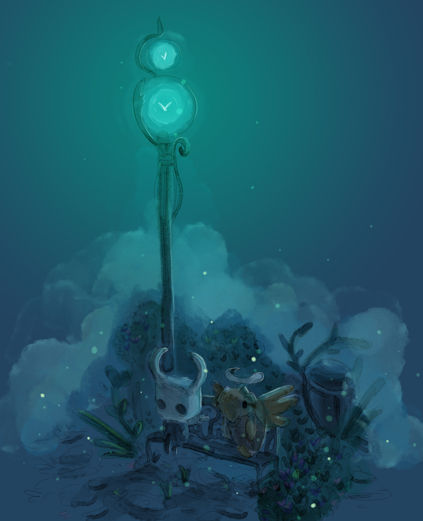 bench blue blue_background highres hollow_knight lamppost no_humans plant pokemon pokemon_(creature) shedinja sitting traceysketchit