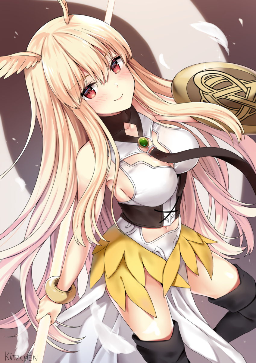 1girl bangs bare_shoulders black_legwear blush bracelet breasts cleavage closed_mouth corset energy_wings fate/grand_order fate_(series) feathers hair_between_eyes halterneck head_wings highres jewelry kaetzchen large_breasts long_hair looking_at_viewer navel polearm red_eyes shield smile solo thighs thrud_(fate/grand_order) underbust valkyrie_(fate/grand_order) weapon