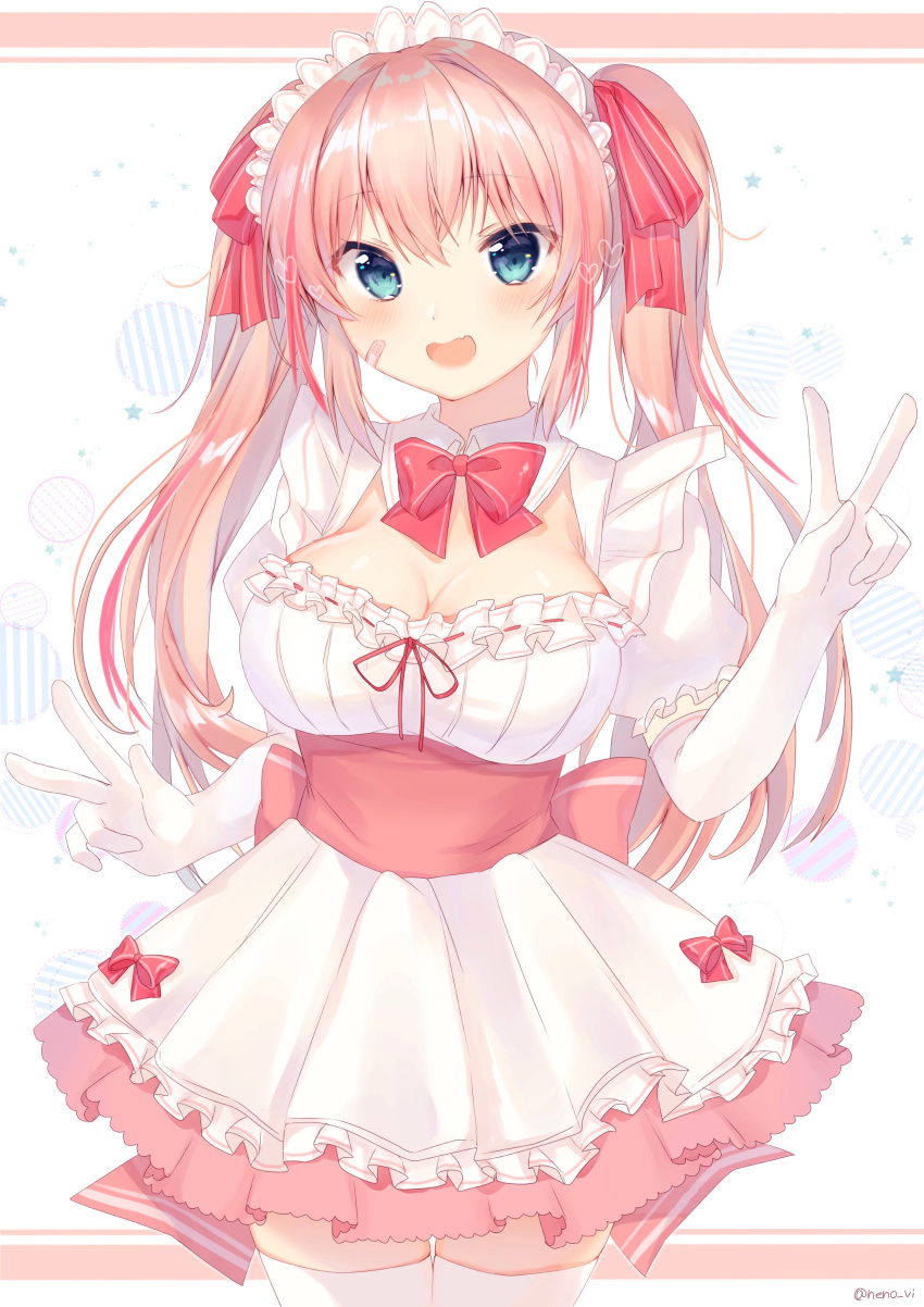 1girl :d absurdres apron bandaid bandaid_on_cheek bangs blue_eyes blush bow breasts cleavage commentary_request cowboy_shot double_v elbow_gloves eyebrows_visible_through_hair frilled_apron frills gloves hair_between_eyes hair_bow hand_up heart highres long_hair looking_at_viewer maid maid_headdress medium_breasts nenobi_(nenorium) open_mouth original pink_hair pink_skirt puffy_short_sleeves puffy_sleeves red_bow shirt short_sleeves sidelocks skirt smile solo thigh-highs twintails twitter_username v very_long_hair white_apron white_gloves white_legwear white_shirt