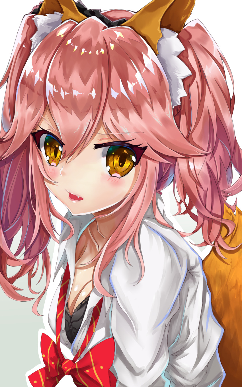 1girl absurdres age_okaki alternate_costume animal_ears black_bra blush bra breasts cleavage fang fate/extella fate/extella_link fate/extra fate_(series) fox_ears fox_tail gradient gradient_background highres large_breasts long_hair open_mouth pink_hair school_uniform shirt solo tail tamamo_(fate)_(all) tamamo_jk_(fate) twintails unbuttoned underwear yellow_eyes