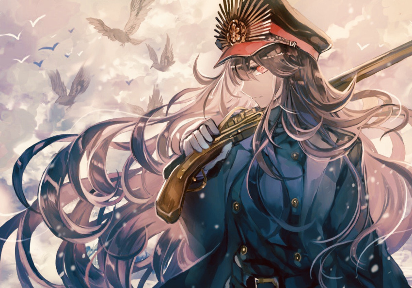 1girl belt bird black_coat brown_hair closed_mouth clouds cloudy_sky coat commentary_request fate_(series) gloves gun hat holding holding_weapon koha-ace long_hair looking_at_viewer musket oda_nobunaga_(fate) over_shoulder peaked_cap red_eyes rioka_(southern_blue_sky) sky solo upper_body very_long_hair weapon weapon_over_shoulder white_gloves