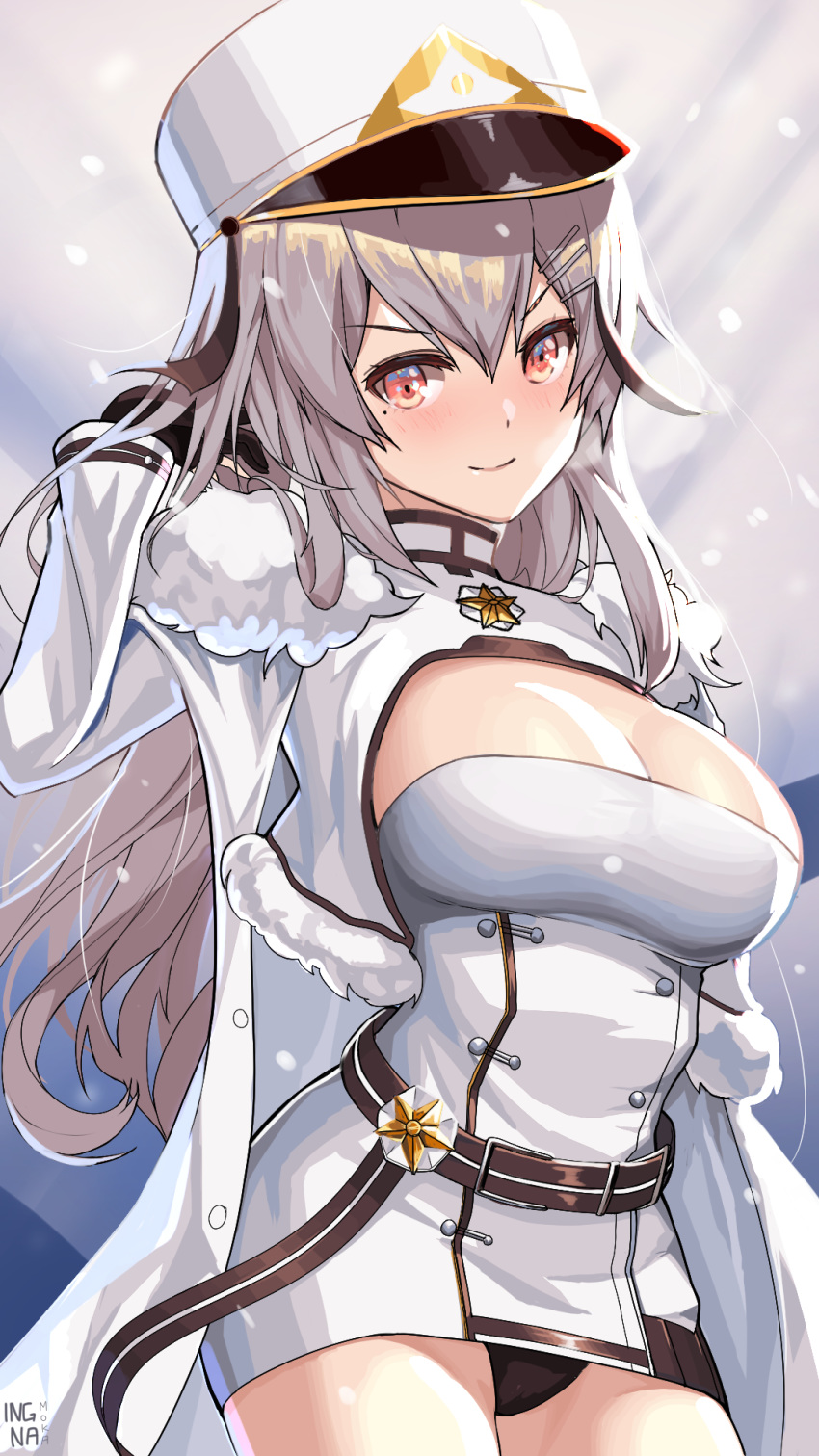 1girl artist_name azur_lane bangs belt black_panties blush breasts buttons closed_mouth coat commentary cowboy_shot double-breasted fur-trimmed_coat fur_trim gangut_(azur_lane) grey_hair hair_between_eyes hat head_tilt highres large_breasts long_hair military military_hat military_uniform mole mole_under_eye panties pantyshot pantyshot_(standing) pink_eyes sidelocks signature smile solo standing team_moka underwear uniform white_coat