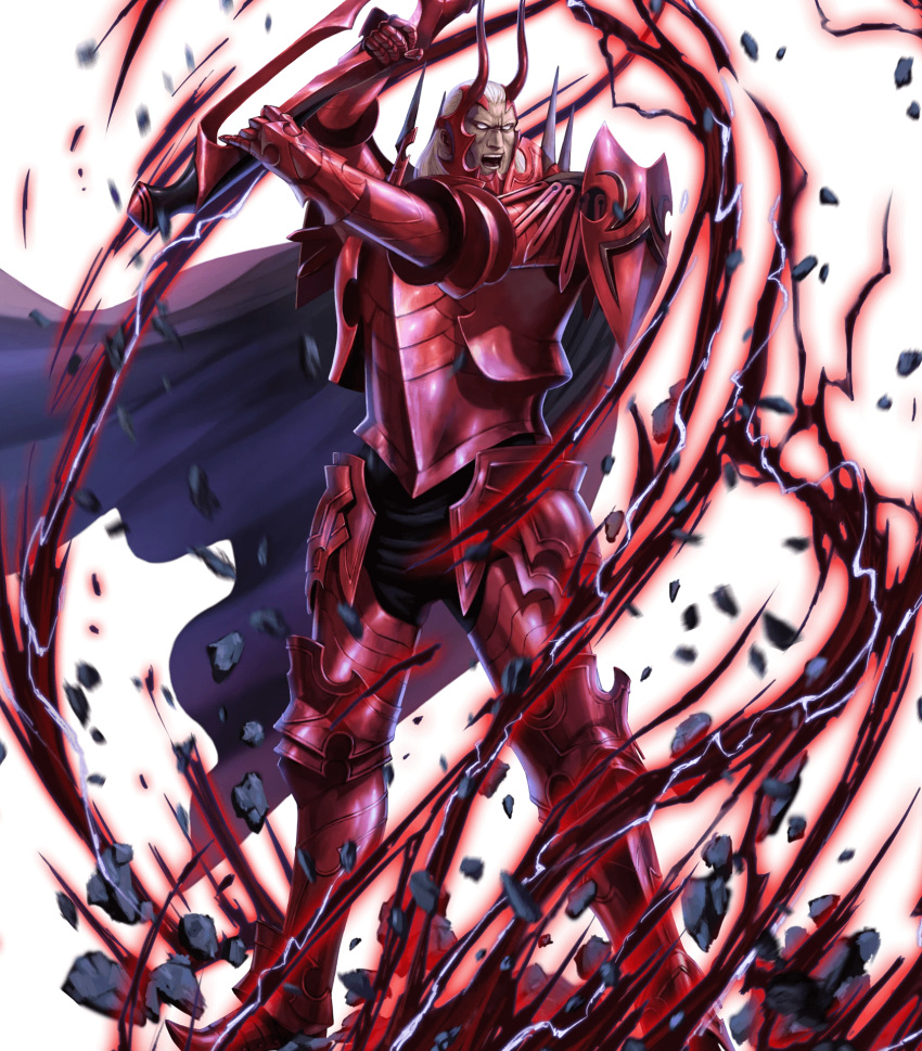 1boy armor axe battle_axe black_cape black_pants cape debris energy fire_emblem fire_emblem:_kakusei fire_emblem_heroes full_armor gauntlets greaves grey_hair helmet highres holding holding_axe holding_weapon horned_helmet ippei_soeda lips long_hair looking_at_viewer male_focus no_pupils nose official_art open_mouth pants red_armor scowl serious shoulder_pads solo teeth valhalt weapon white_eyes