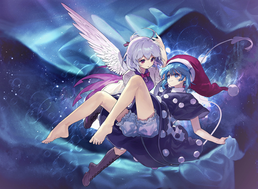2girls ahoge ainy77 barefoot bloomers blue_eyes blue_hair boots bow bowtie closed_mouth commentary_request cross-laced_footwear doremy_sweet feathered_wings hat kishin_sagume legs looking_at_another multiple_girls nightcap pom_pom_(clothes) red_eyes short_hair silver_hair single_wing smile tail tapir_tail touhou underwear white_wings wings