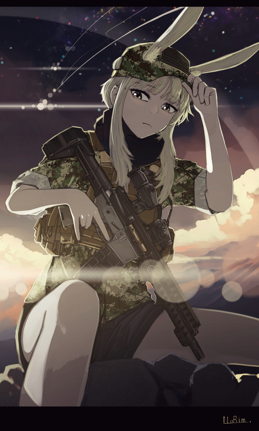 1girl absurdres aimpoint american_flag animal_ears ar-15 camouflage gun hat highres load_bearing_vest long_hair looking_at_viewer magazine_(weapon) military military_hat military_uniform nurim original p416 rifle signature uniform weapon