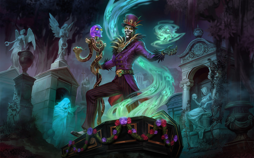 1boy baron_samedi_(smite) belt dark_skin facial_mark feathers flower ghost hat highres jewelry leaf male_focus night night_sky ring simon_eckert skull sky smite snake solo staff statue teeth tombstone voodoo yellow_eyes