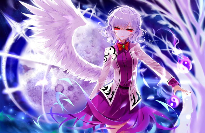 1girl artist_name aura bow bowtie braid breasts brooch cowboy_shot dress feathered_wings french_braid head_tilt highres jewelry kishin_sagume long_sleeves looking_at_viewer medium_breasts moon nail_polish parted_lips purple_dress red_bow red_eyes red_nails red_neckwear sheya short_hair signature silver_hair single_wing smile solo standing thighs touhou white_wings wing_collar wings yin_yang