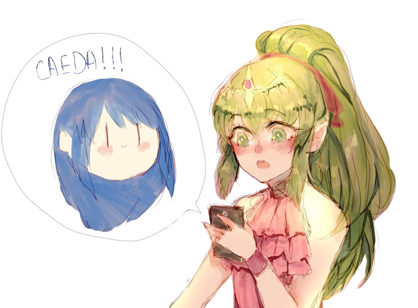 2girls blue_eyes blue_hair blush cellphone chiki fire_emblem fire_emblem:_mystery_of_the_emblem fire_emblem_heroes green_eyes green_hair long_hair mamkute multiple_girls phone pointy_ears ponytail sheeda smile soltykou tiara