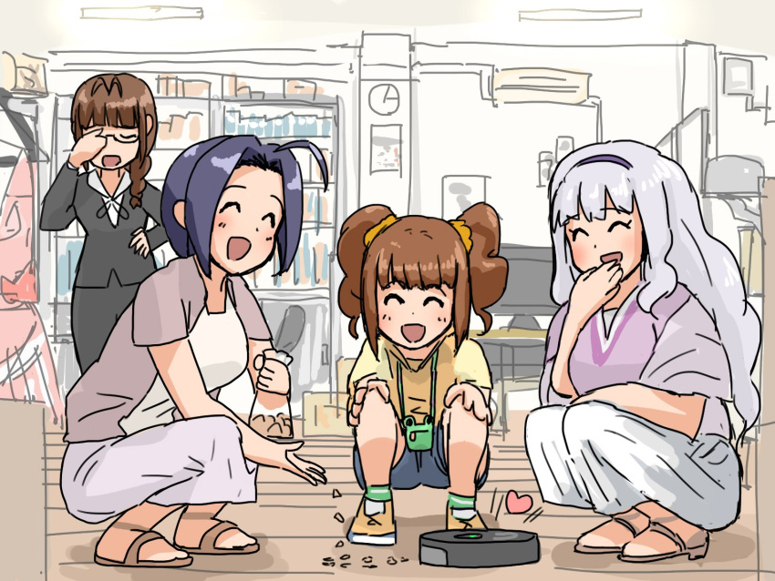 4girls :d ^_^ ahoge akizuki_ritsuko annko bag bangs blue_hair brown_hair closed_eyes closed_eyes commentary crumbs food formal grey_hair hairband handbag highres hood hood_down hoodie idolmaster idolmaster_(classic) indoors long_hair long_skirt miura_azusa multiple_girls office open_mouth roomba sandals shijou_takane shoes short_hair skirt skirt_suit smile squatting suit takatsuki_yayoi twintails wooden_floor