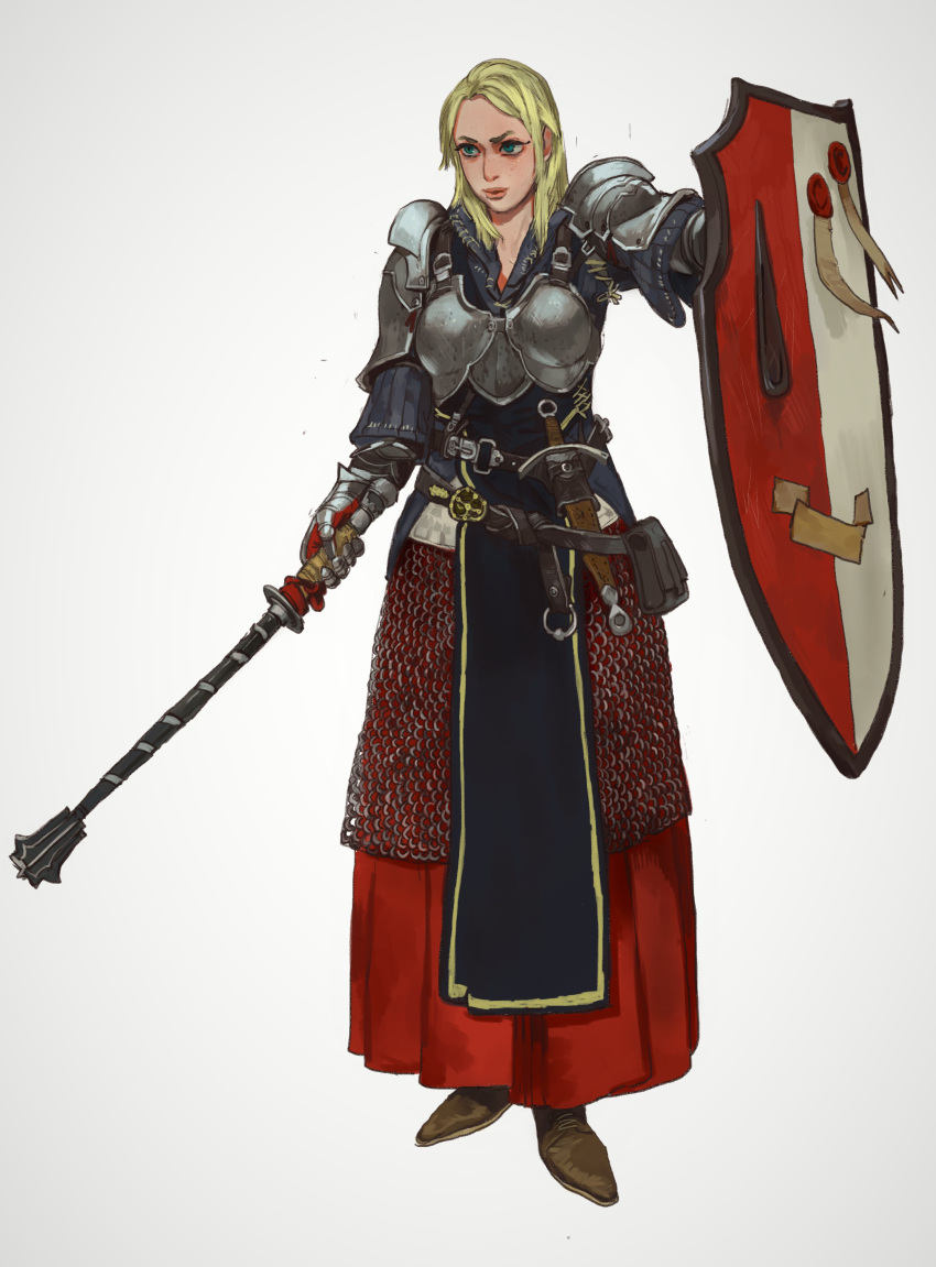 1girl absurdres armor armored_dress belt blonde_hair blue_eyes boobplate boots breastplate brown_footwear chainmail closed_mouth dagger freckles full_body gauntlets highres holding holding_shield holding_weapon knife knight long_hair long_skirt mace mossacannibalis multiple_belts original pauldrons pelvic_curtain pouch red_skirt scabbard sheath shield shoulder_armor simple_background skirt solo standing tabard weapon white_background