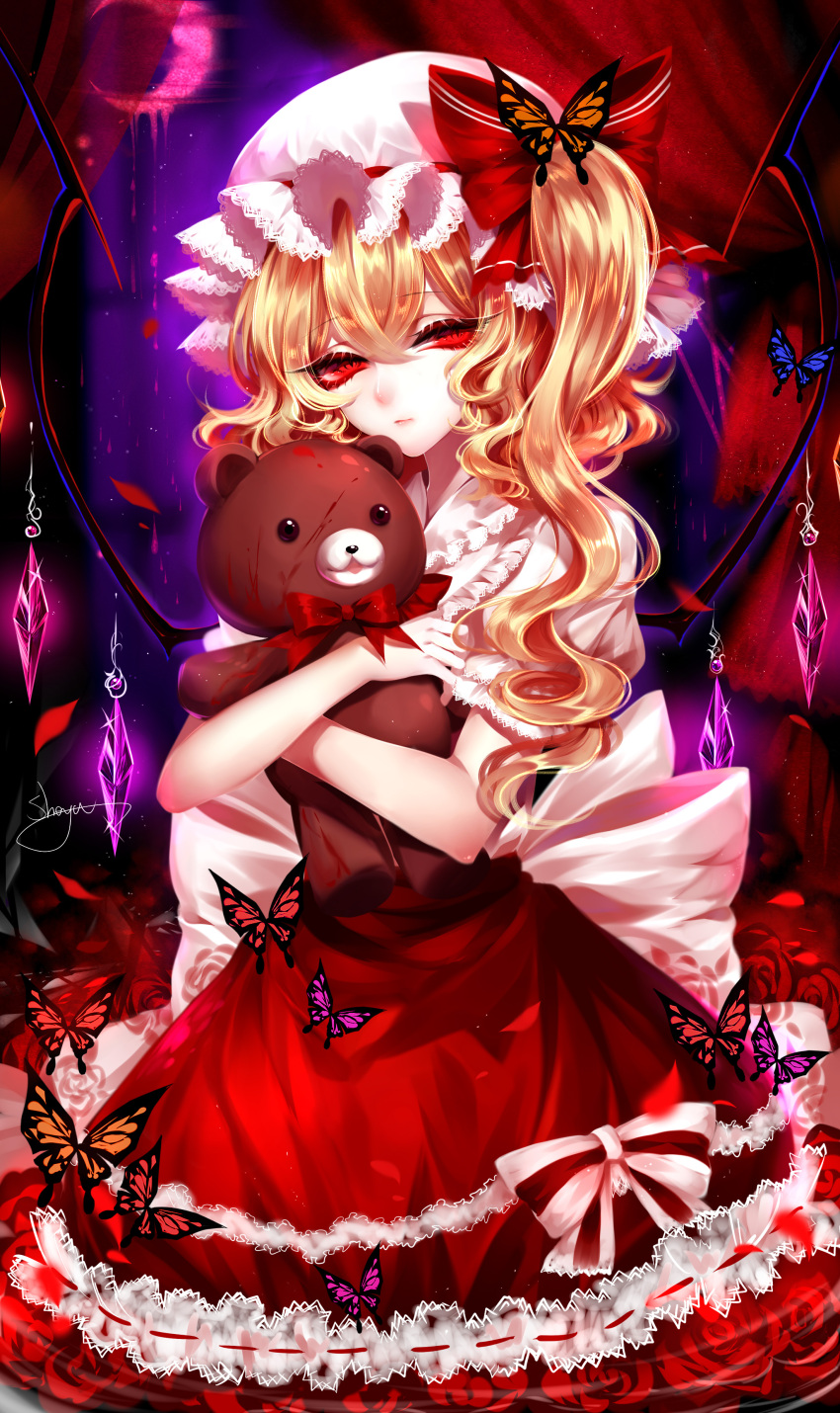 1girl absurdres artist_name blonde_hair blood bow bowtie bug butterfly crescent crystal curtains dress eyebrows_visible_through_hair flandre_scarlet flower frilled_dress frilled_shirt_collar frills hair_between_eyes hat hat_bow head_tilt highres holding holding_stuffed_animal insect mob_cap object_hug parted_lips petals puffy_short_sleeves puffy_sleeves red_bow red_dress red_eyes red_flower red_neckwear red_rose rose sheya short_hair short_sleeves side_ponytail signature solo stuffed_animal stuffed_toy teddy_bear touhou white_hat wings