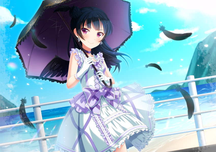 &gt;:) 1girl bangs black_feathers black_hair black_wings bow choker day dress earrings feathered_wings feathers frilled_umbrella frills gloves highres holding holding_umbrella jewelry long_hair looking_at_viewer love_live! love_live!_sunshine!! motoasako ocean outdoors purple_bow purple_choker railing side_bun smile solo tsushima_yoshiko umbrella white_gloves wings