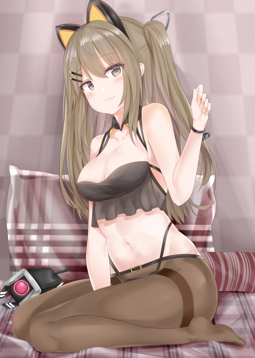 1girl :3 absurdres animal_ears bangs bare_shoulders between_legs black_panties blanket blush breasts brown_eyes brown_hair brown_legwear cat_ears cleavage closed_mouth collarbone detached_collar dinergate_(girls_frontline) eyebrows_visible_through_hair fingerless_gloves girls_frontline gloves hair_between_eyes hair_ornament hairclip hand_between_legs hand_up headband highres indoors k-2_(girls_frontline) long_hair looking_at_viewer medium_breasts navel open_mouth panties pantyhose plaid_blanket ru_zhai sidelocks sitting skindentation smile solo stomach thighband_pantyhose underwear wariza wristband