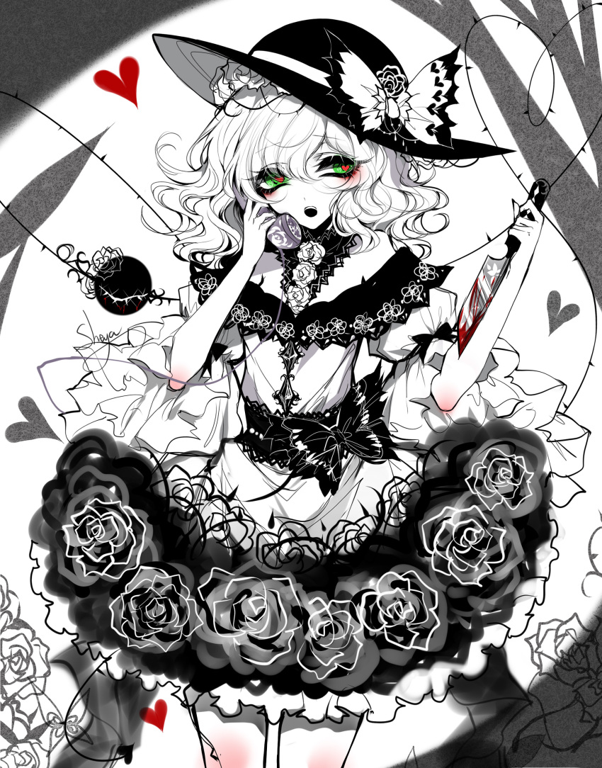 1girl :o absurdres adapted_costume artist_name bare_shoulders black_nails blood bloody_knife bloody_weapon bow cowboy_shot dress eyebrows_visible_through_hair eyelashes flower grey_background hair_between_eyes hat hat_bow hat_flower hat_rose heart heart-shaped_pupils heart_of_string highres holding holding_knife holding_phone holding_weapon knife komeiji_koishi limited_palette looking_to_the_side nail_polish off-shoulder_dress off_shoulder petticoat phone puffy_short_sleeves puffy_sleeves reverse_grip rose sash sheya short_hair short_sleeves signature solo spot_color standing stitches symbol-shaped_pupils third_eye thorns touhou two-tone_background wavy_hair weapon white_background wide_sleeves