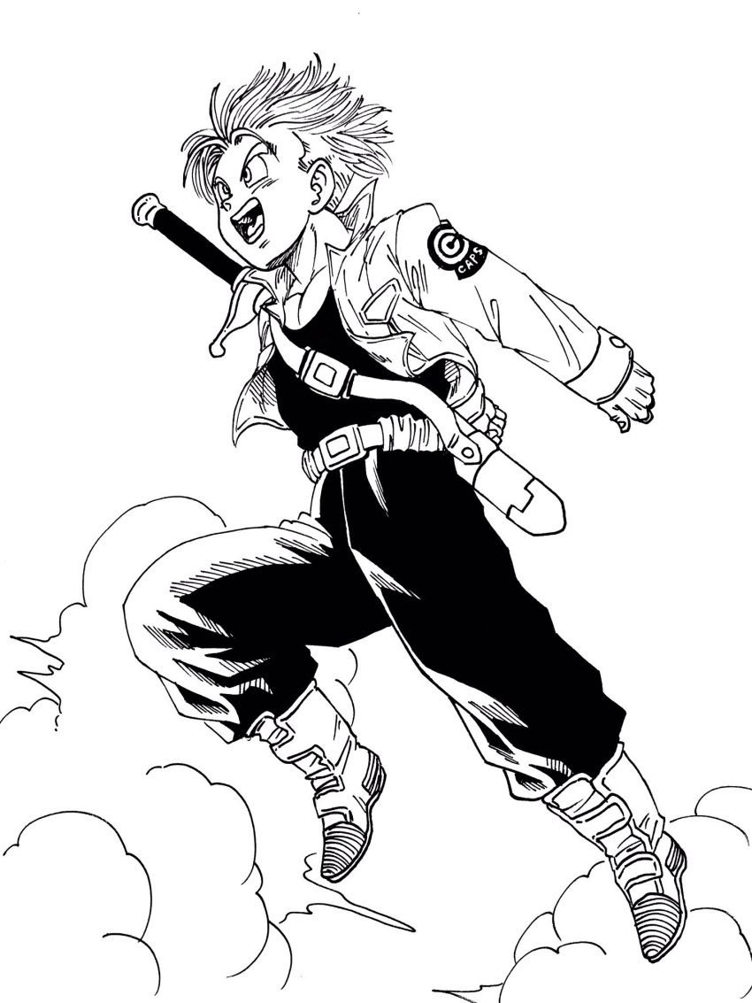 1boy :d boots capsule_corp clouds cloudy_sky commentary dragon_ball dragonball_z floating_hair full_body happy highres jacket jumping lee_(dragon_garou) looking_away male_focus monochrome open_mouth pants parody short_hair simple_background sky smile sword toki_wo_kakeru_shoujo trunks_(dragon_ball) weapon white_background