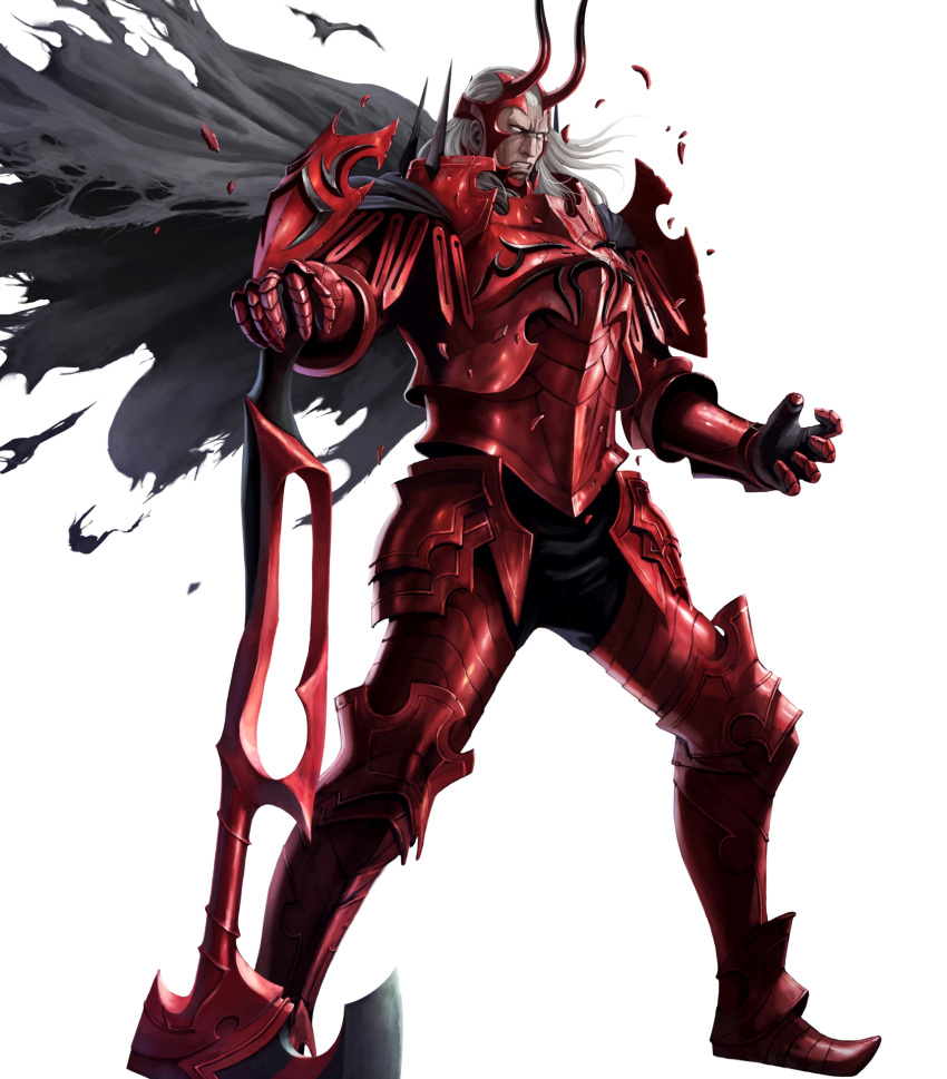 1boy armor axe battle_axe black_cape black_pants cape clenched_teeth damaged fire_emblem fire_emblem:_kakusei fire_emblem_heroes full_armor gauntlets greaves grey_hair helmet highres holding holding_axe holding_weapon horned_helmet ippei_soeda lips long_hair looking_at_viewer male_focus no_pupils nose official_art pants red_armor scowl serious shoulder_pads solo teeth torn_cape valhalt weapon white_eyes