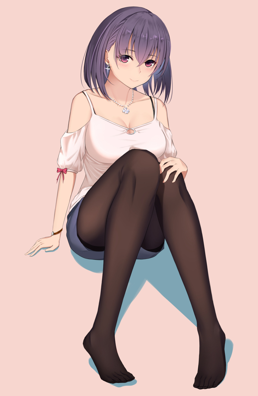 1girl absurdres arm_support black_legwear blue_skirt breasts cleavage clover earrings eyebrows_visible_through_hair four-leaf_clover highres jewelry knees_together_feet_apart necklace original pantyhose pearl_necklace pink_background purple_hair short_hair skirt solo thighs violet_eyes watch watch xian_yu