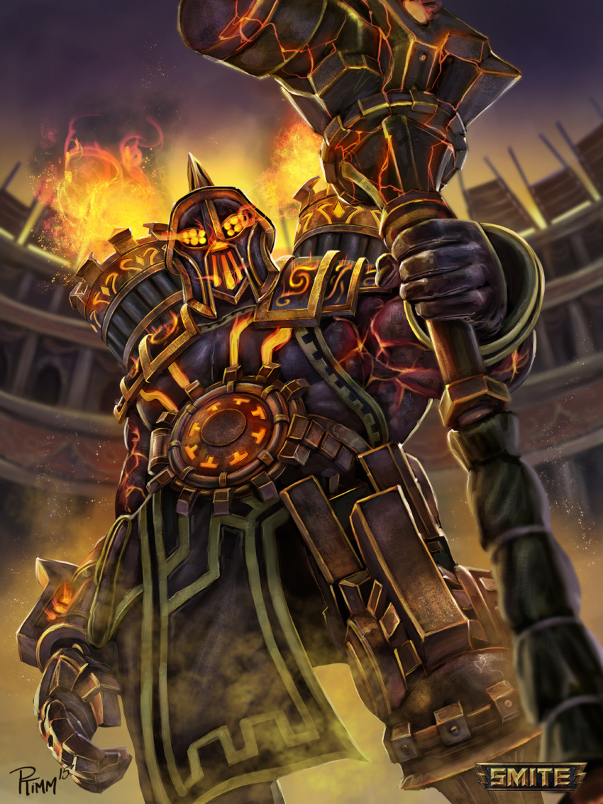 1boy alternate_costume andy_timm artist_name copyright_name dark_skin fantasy fire gloves glowing glowing_eyes hammer helmet highres male_focus official_art orange_eyes sky smite solo tattoo vulcan_(smite)