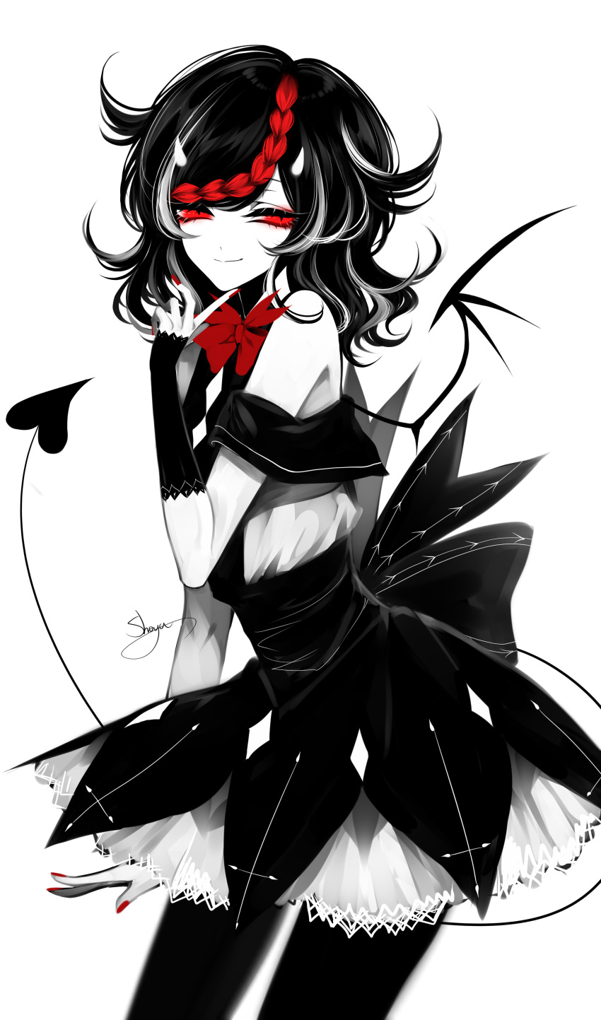 1girl absurdres arm_warmers artist_name bare_shoulders black_hair black_legwear black_sash braid cowboy_shot demon_tail demon_wings dress eyebrows_visible_through_hair finger_to_chin hand_up highres horns kijin_seija looking_at_viewer medium_hair nail_polish off-shoulder_dress off_shoulder pantyhose petticoat red_nails redhead sash sheya signature simple_background smile solo standing tail touhou white_background white_hair wings